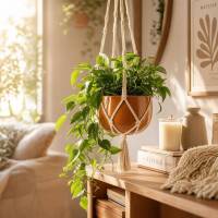 H&auml;ngetopf aus glasierter Keramik mit Makramee-Aufh&auml;ngung &ndash; Boho-Style